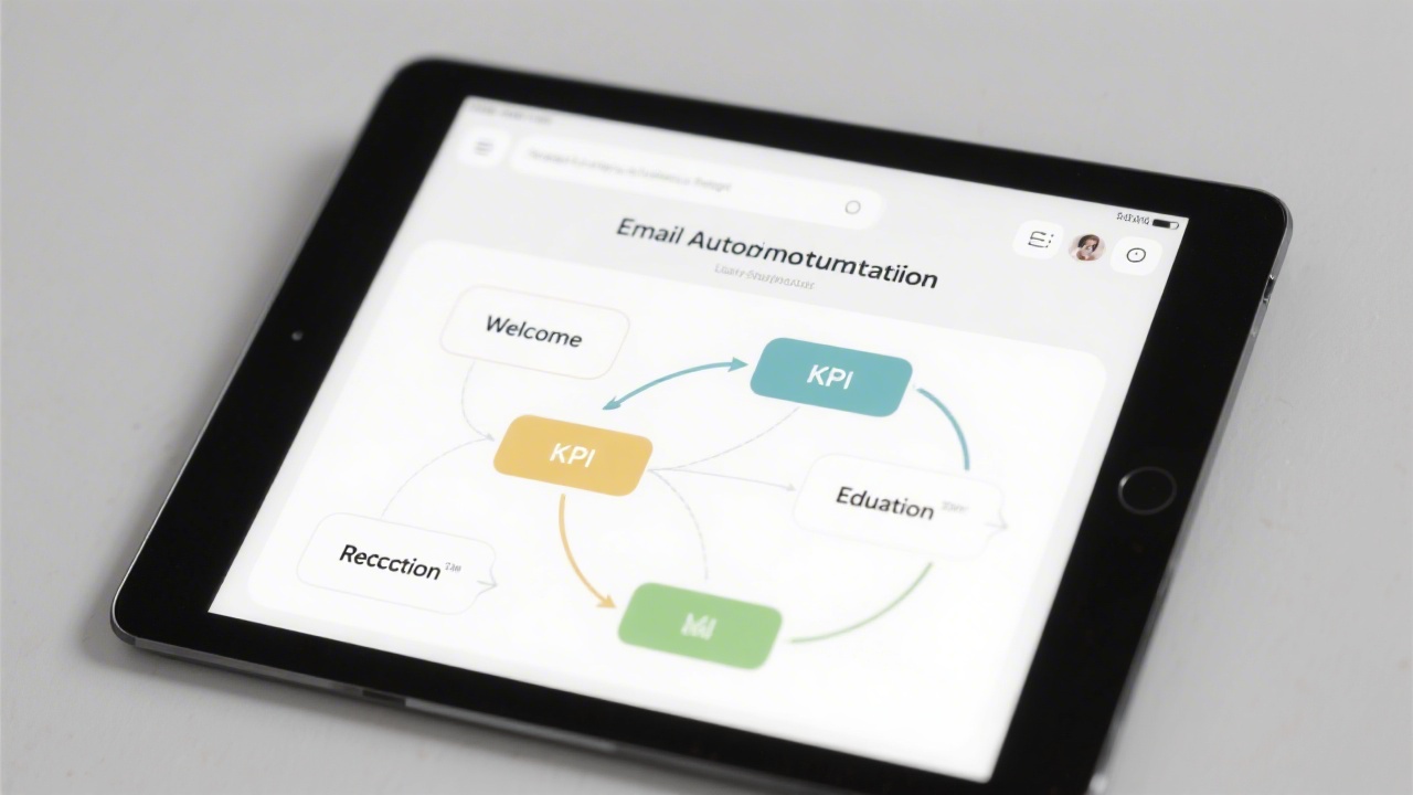 Visualization of an email automation workflow on a tablet, showing welcome, education, and reactivation steps connected by arrows with KPIs in a minimalist interface.