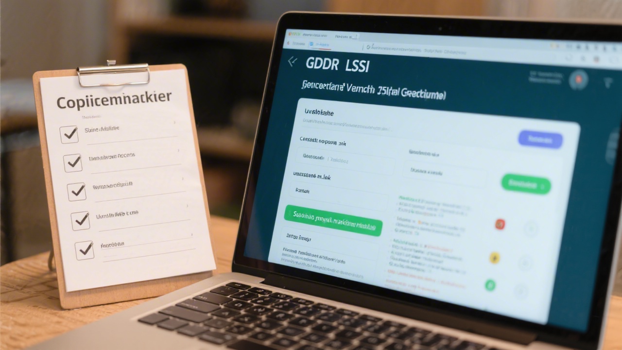 Compliance checklist next to a laptop screen showing GDPR and LSSI guidelines, with a focus on consent records and unsubscribe links for Spanish email marketing.