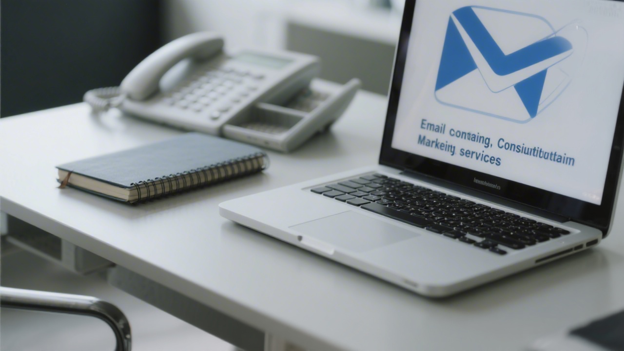 Close-up of a professional desk with a laptop, notebook, and phone, representing a contact and consultation setting for email marketing services.