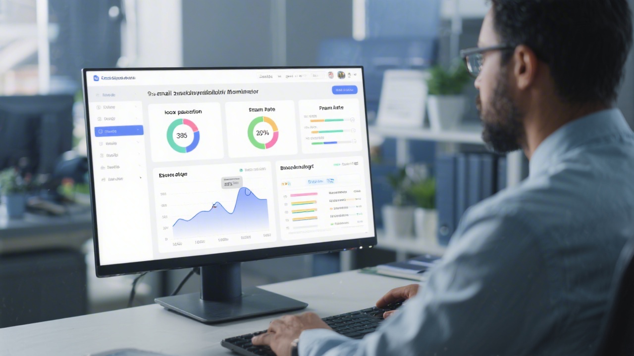 Email deliverability monitoring screen showing inbox placement, spam rate, and bounce alerts, with a professional analyst reviewing the data.