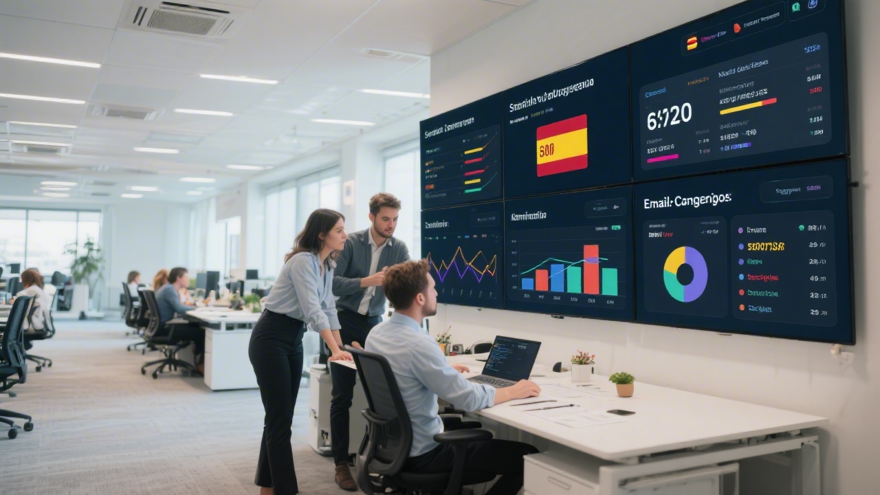 Wide modern office workspace with marketers reviewing email campaign dashboards on large screens, showing delivery metrics, segmentation charts, and compliance notes for Spain-focused campaigns.