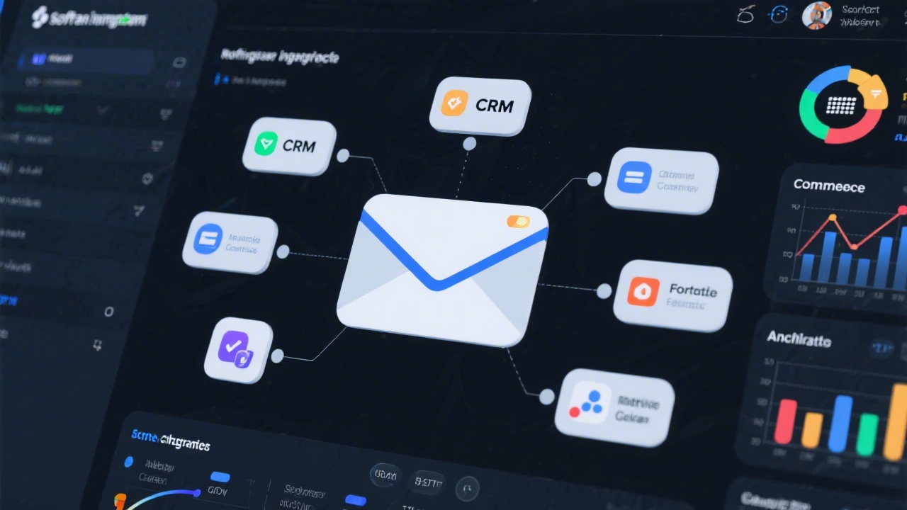 Multiple software integration icons connected to an email platform on a dashboard, representing CRM, ecommerce, and analytics tools in a professional workflow.