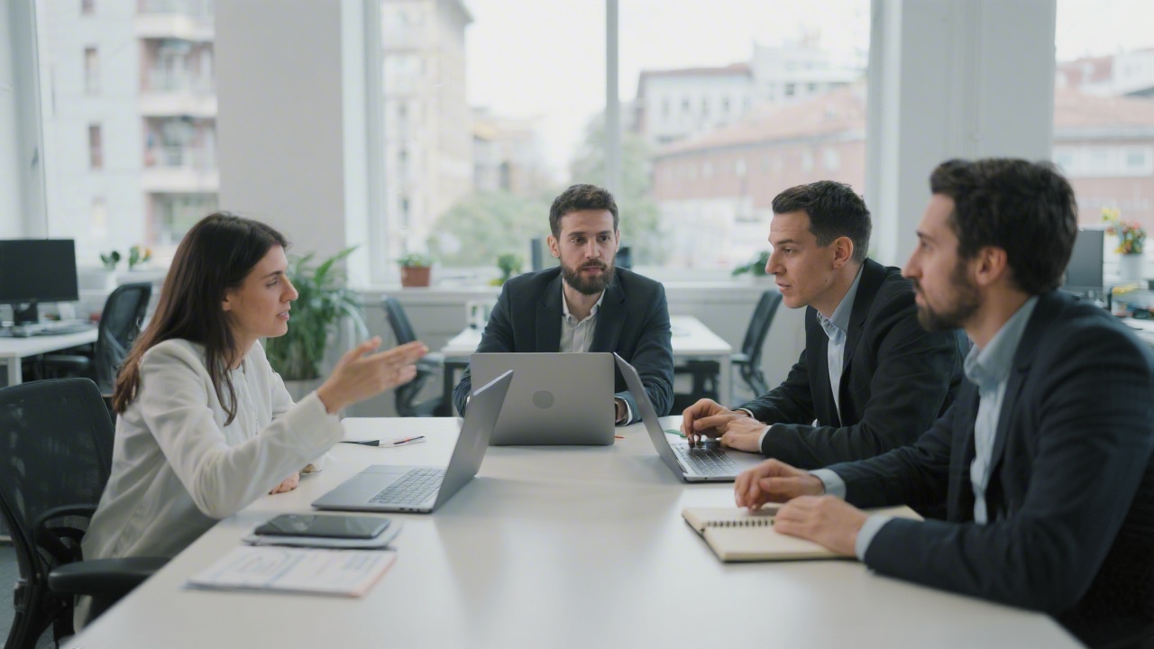 Small professional team collaborating in a Madrid office, discussing email marketing strategy with laptops and notebooks, conveying a focused and transparent working environment.