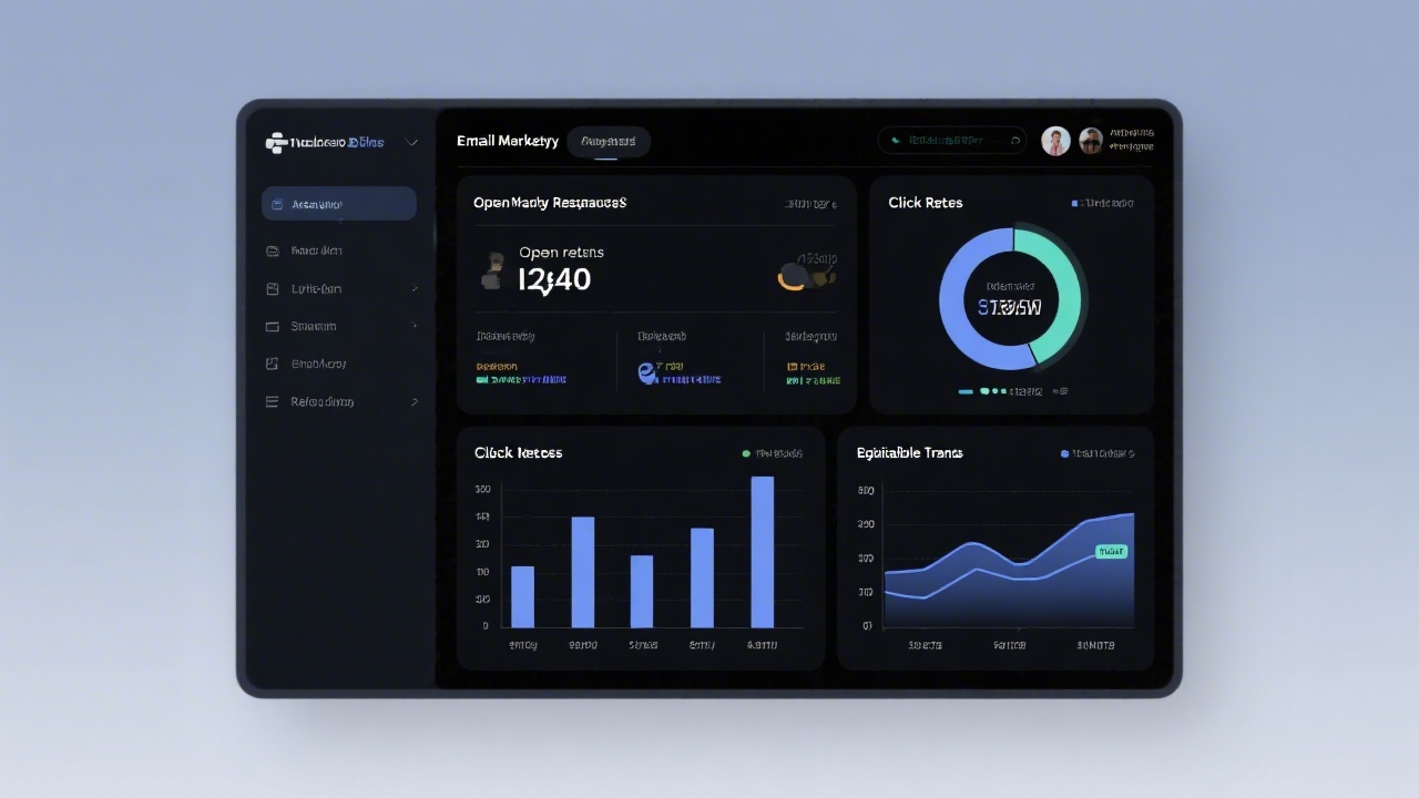 Email marketing reporting dashboard with clear graphs for open rates, click rates, and deliverability trends, presented in a dark mode analytics interface.