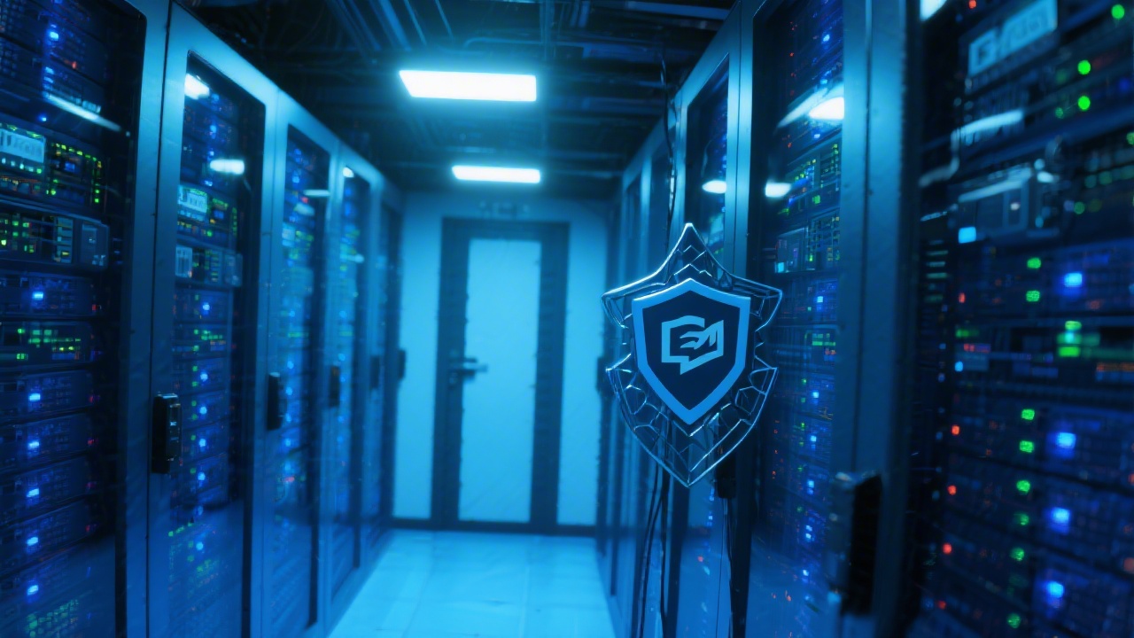 Secure server room with blue lighting, highlighting protected data infrastructure and cybersecurity measures for reliable email marketing operations.