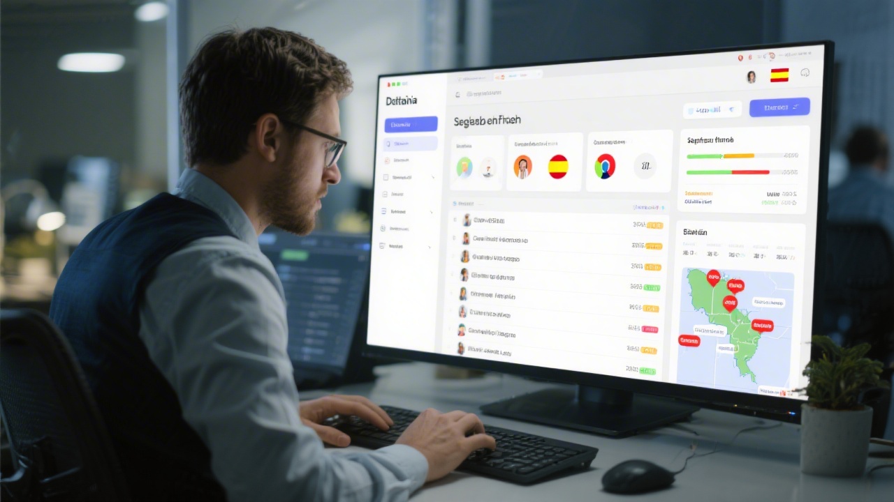 Data analyst examining segmented email lists on a large monitor, with demographic filters, engagement scores, and geographic tags relevant to Spanish market campaigns.