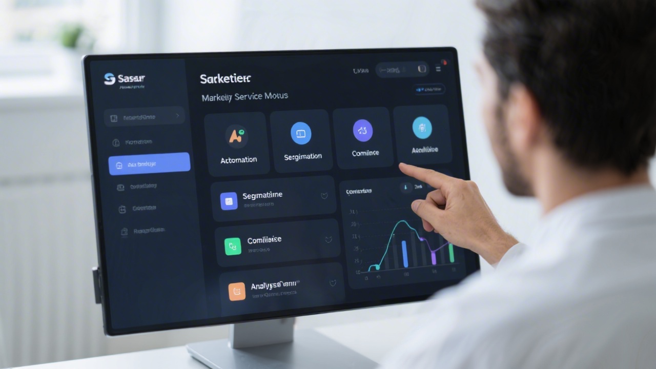 Professional marketer reviewing service modules on a screen, including automation, segmentation, compliance, and analytics in a clean SaaS interface.