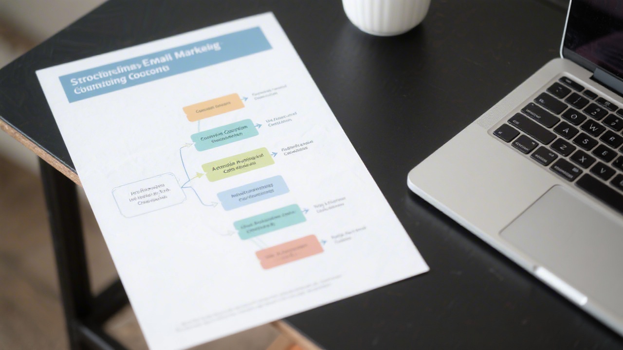 Diagram of a structured email marketing workflow printed on paper next to a laptop, showing stages from data collection to automated nurturing campaigns.